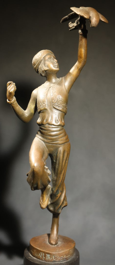 Vintage Bronze Sculpture of a Dancing Woman with Parrot on Marble Base, Re-Cast After Paul Philippe