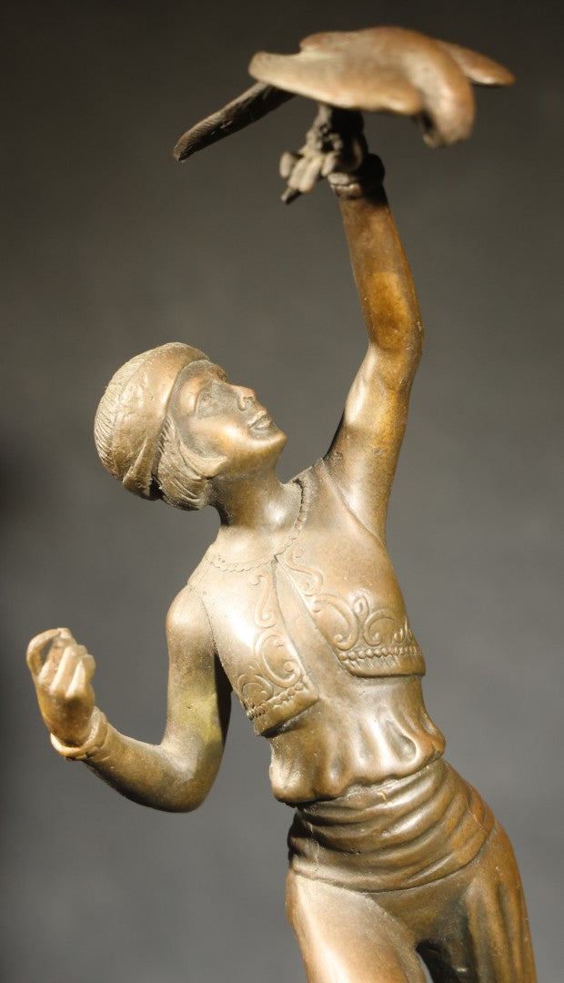 Vintage Bronze Sculpture of a Dancing Woman with Parrot on Marble Base, Re-Cast After Paul Philippe