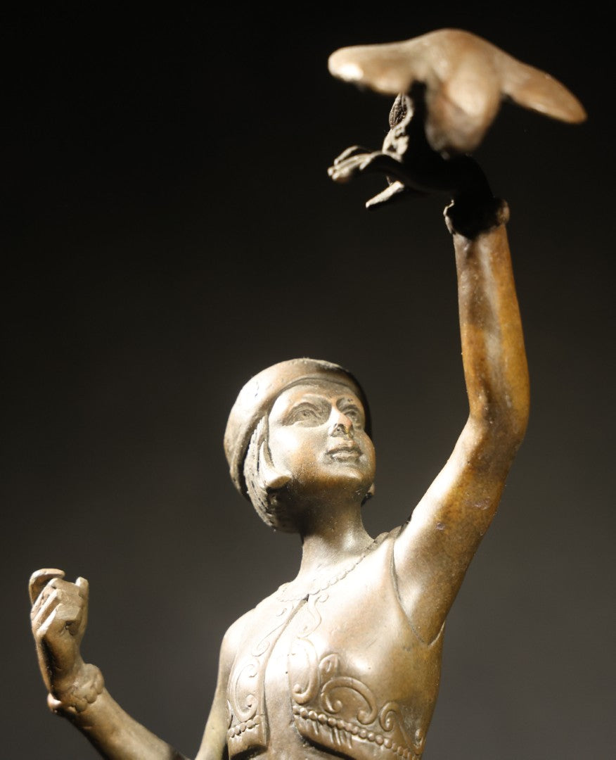Vintage Bronze Sculpture of a Dancing Woman with Parrot on Marble Base, Re-Cast After Paul Philippe
