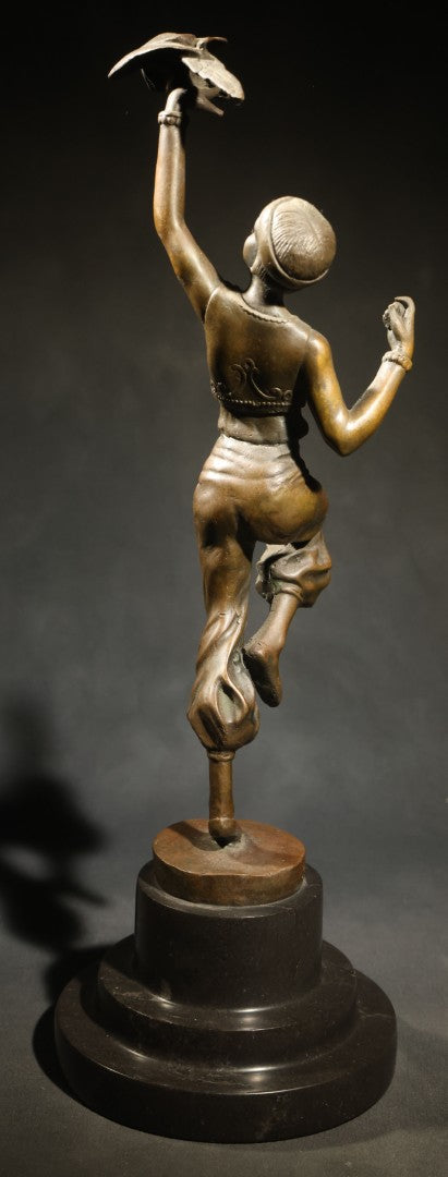 Vintage Bronze Sculpture of a Dancing Woman with Parrot on Marble Base, Re-Cast After Paul Philippe
