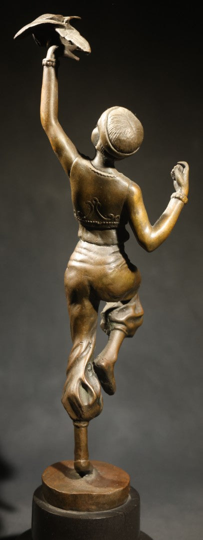 Vintage Bronze Sculpture of a Dancing Woman with Parrot on Marble Base, Re-Cast After Paul Philippe