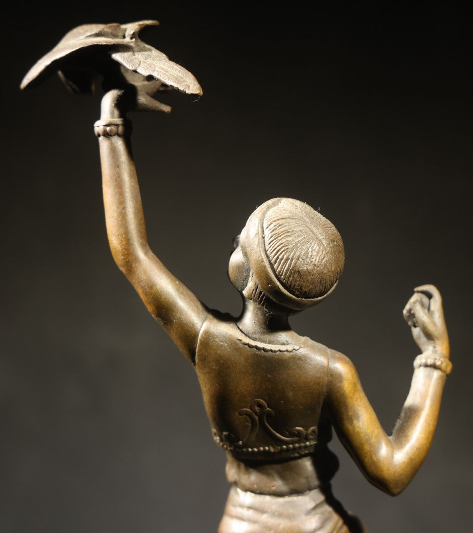 Vintage Bronze Sculpture of a Dancing Woman with Parrot on Marble Base, Re-Cast After Paul Philippe