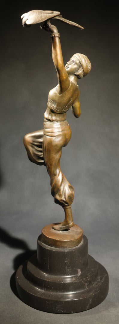 Vintage Bronze Sculpture of a Dancing Woman with Parrot on Marble Base, Re-Cast After Paul Philippe