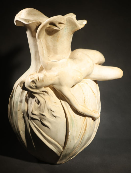 Antique Art Nouveau Figural Vase with Reclining Nude Female Figure and Floral Form, Plaster or Similar Material, Note Chips