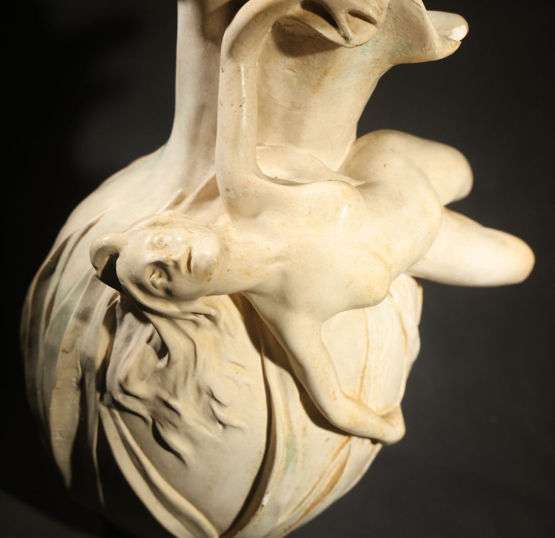 Antique Art Nouveau Figural Vase with Reclining Nude Female Figure and Floral Form, Plaster or Similar Material, Note Chips