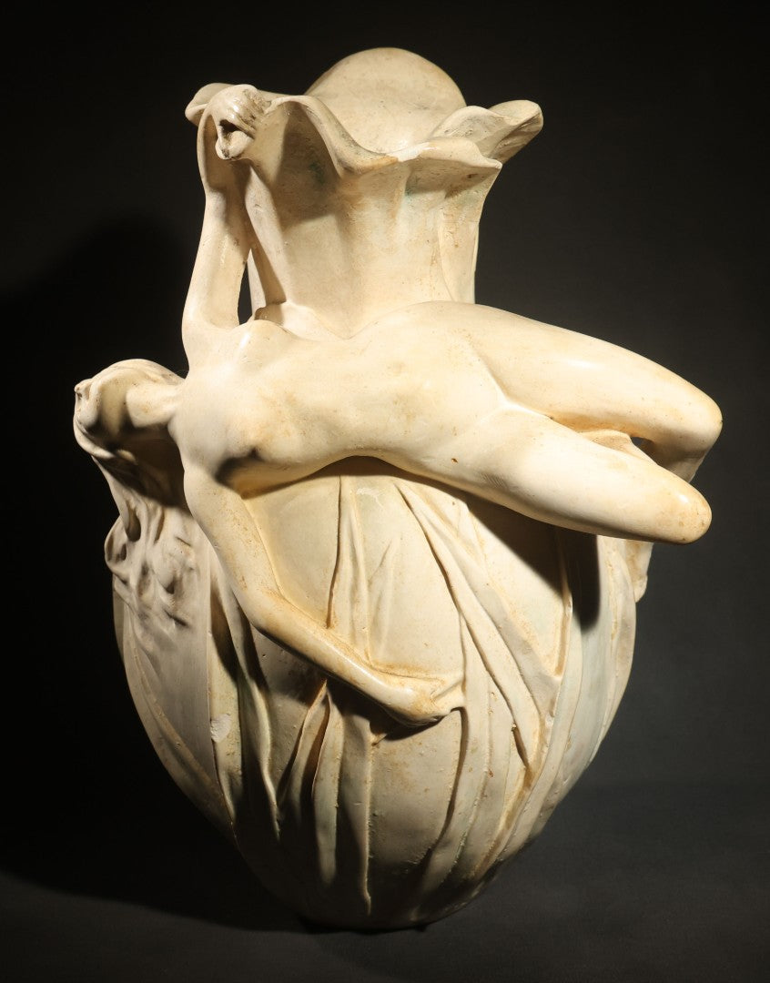 Antique Art Nouveau Figural Vase with Reclining Nude Female Figure and Floral Form, Plaster or Similar Material, Note Chips