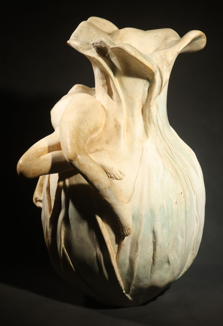 Antique Art Nouveau Figural Vase with Reclining Nude Female Figure and Floral Form, Plaster or Similar Material, Note Chips