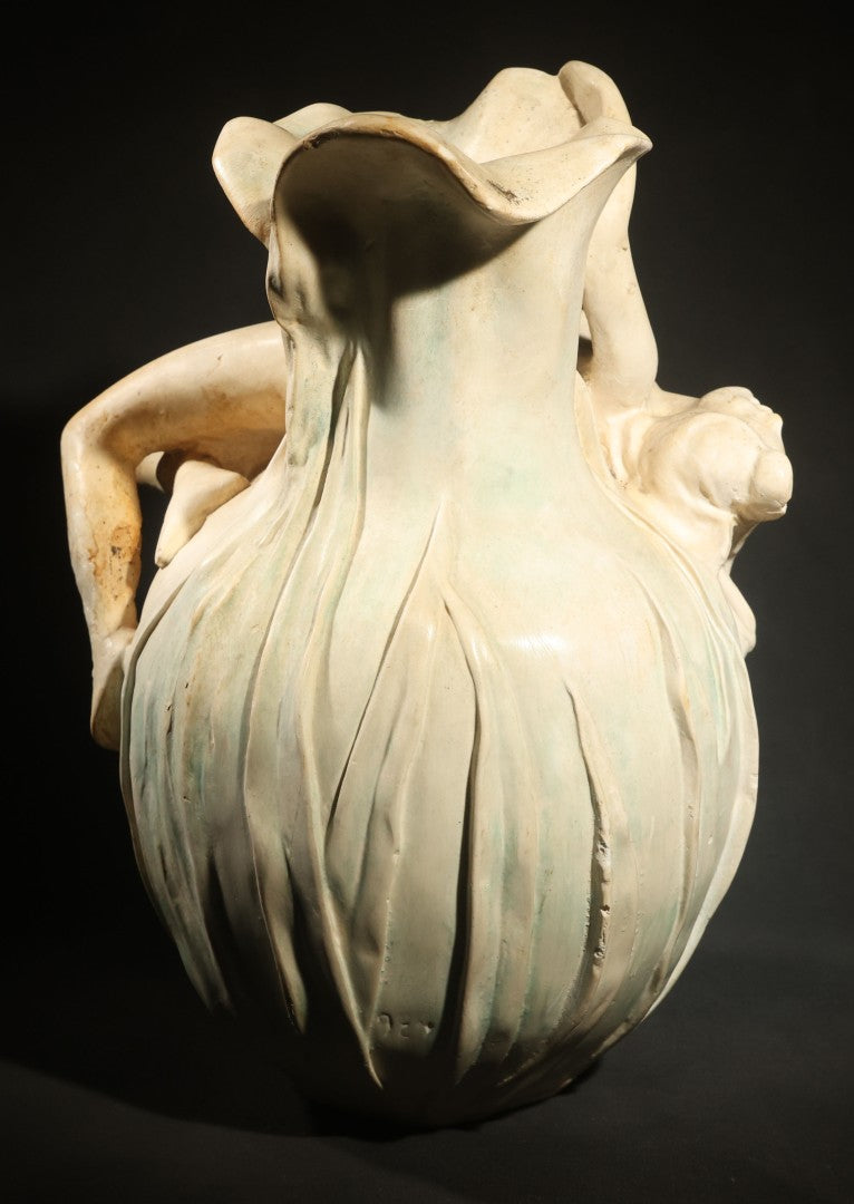 Antique Art Nouveau Figural Vase with Reclining Nude Female Figure and Floral Form, Plaster or Similar Material, Note Chips