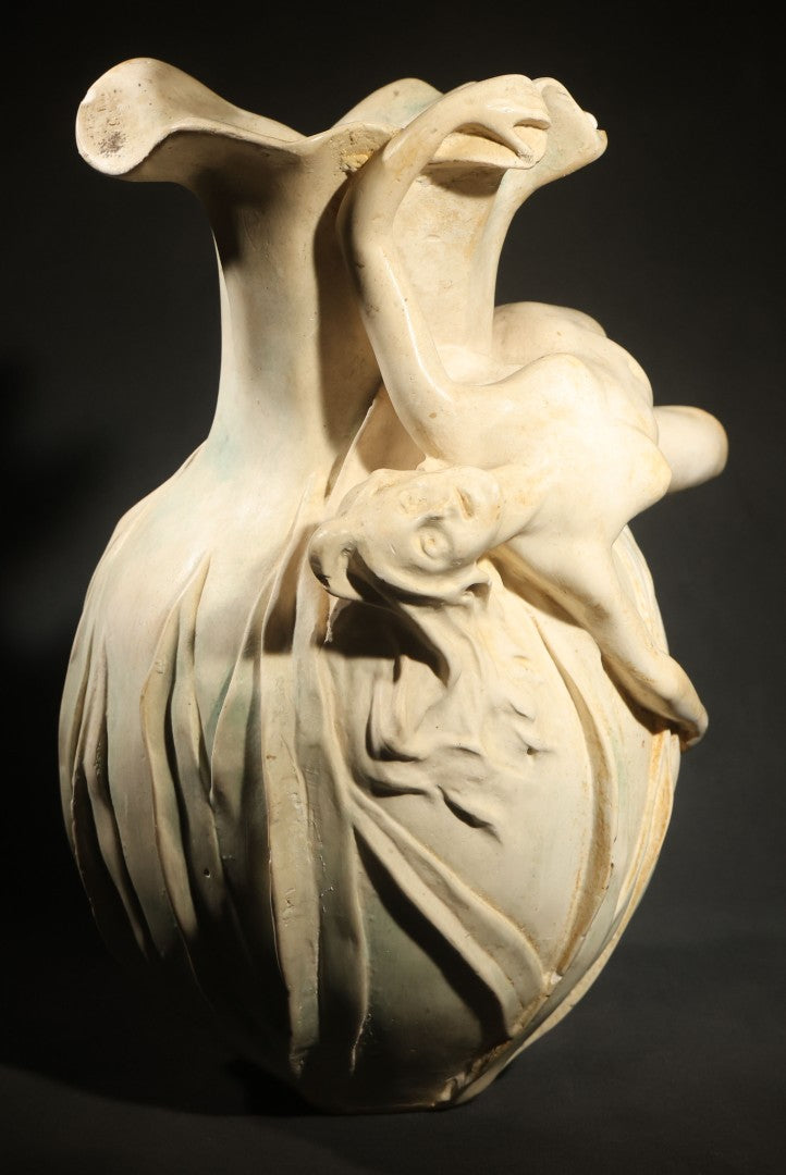 Antique Art Nouveau Figural Vase with Reclining Nude Female Figure and Floral Form, Plaster or Similar Material, Note Chips