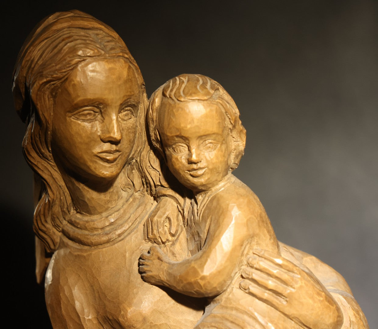 Vintage Carved Wood Figure of Madonna and Child