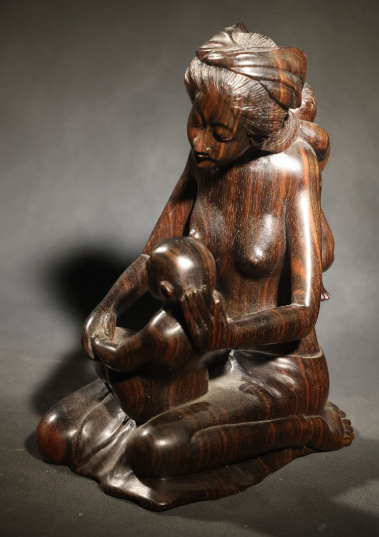 Vintage Carved Hardwood Figure of a Seated Mother with Two Children, Balinese Style