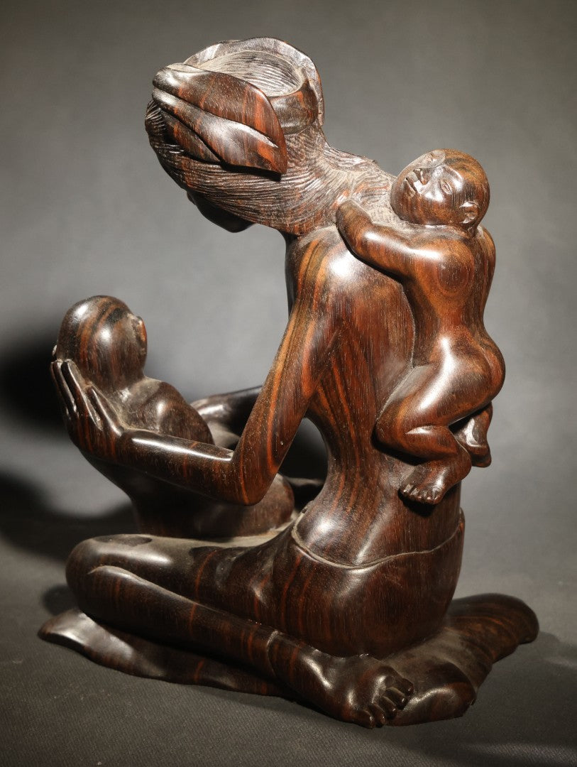 Vintage Carved Hardwood Figure of a Seated Mother with Two Children, Balinese Style