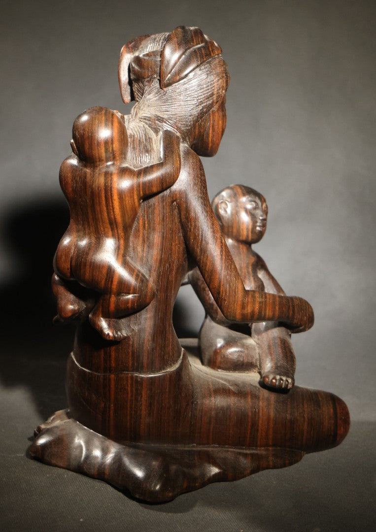 Vintage Carved Hardwood Figure of a Seated Mother with Two Children, Balinese Style