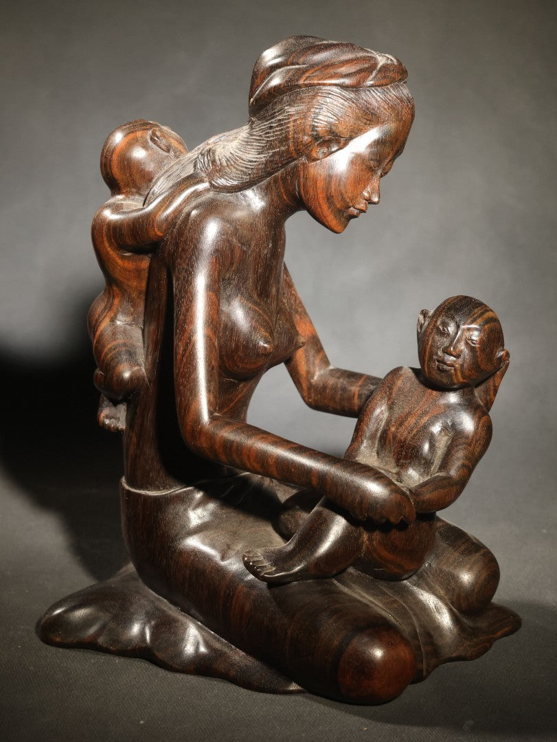 Vintage Carved Hardwood Figure of a Seated Mother with Two Children, Balinese Style