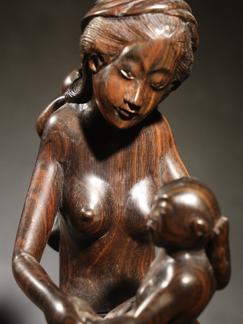 Vintage Carved Hardwood Figure of a Seated Mother with Two Children, Balinese Style