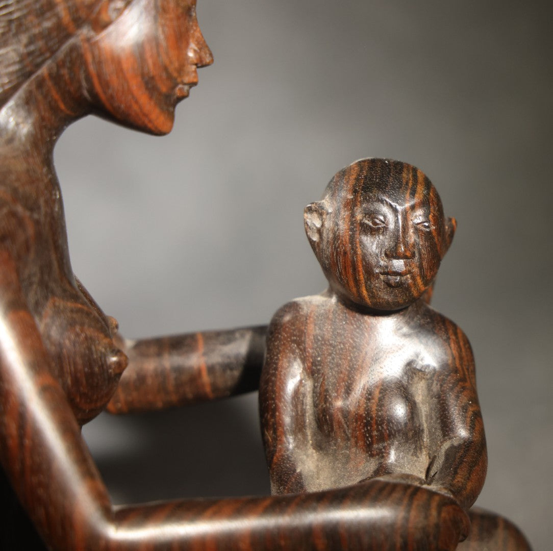 Vintage Carved Hardwood Figure of a Seated Mother with Two Children, Balinese Style
