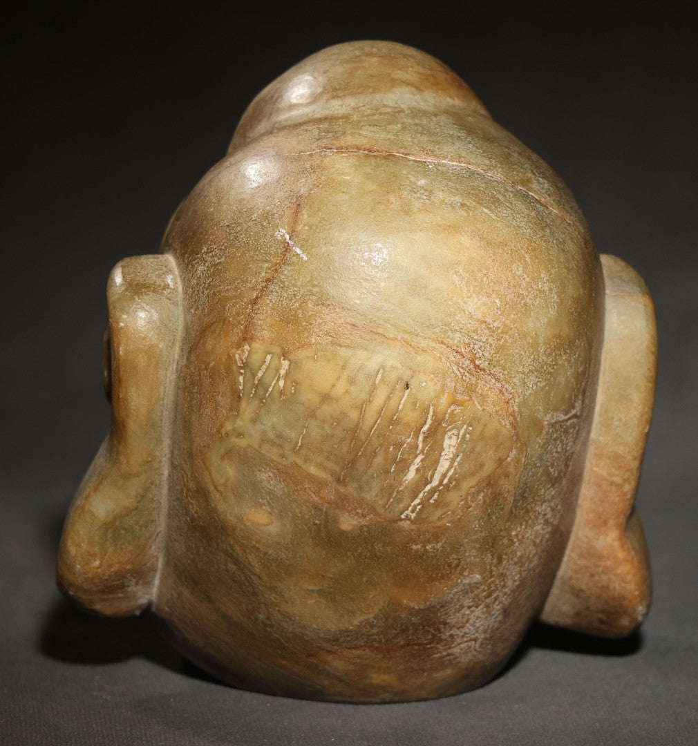 Vintage Carved Stone Grotesque Head with Exaggerated Features and Spiral Ears