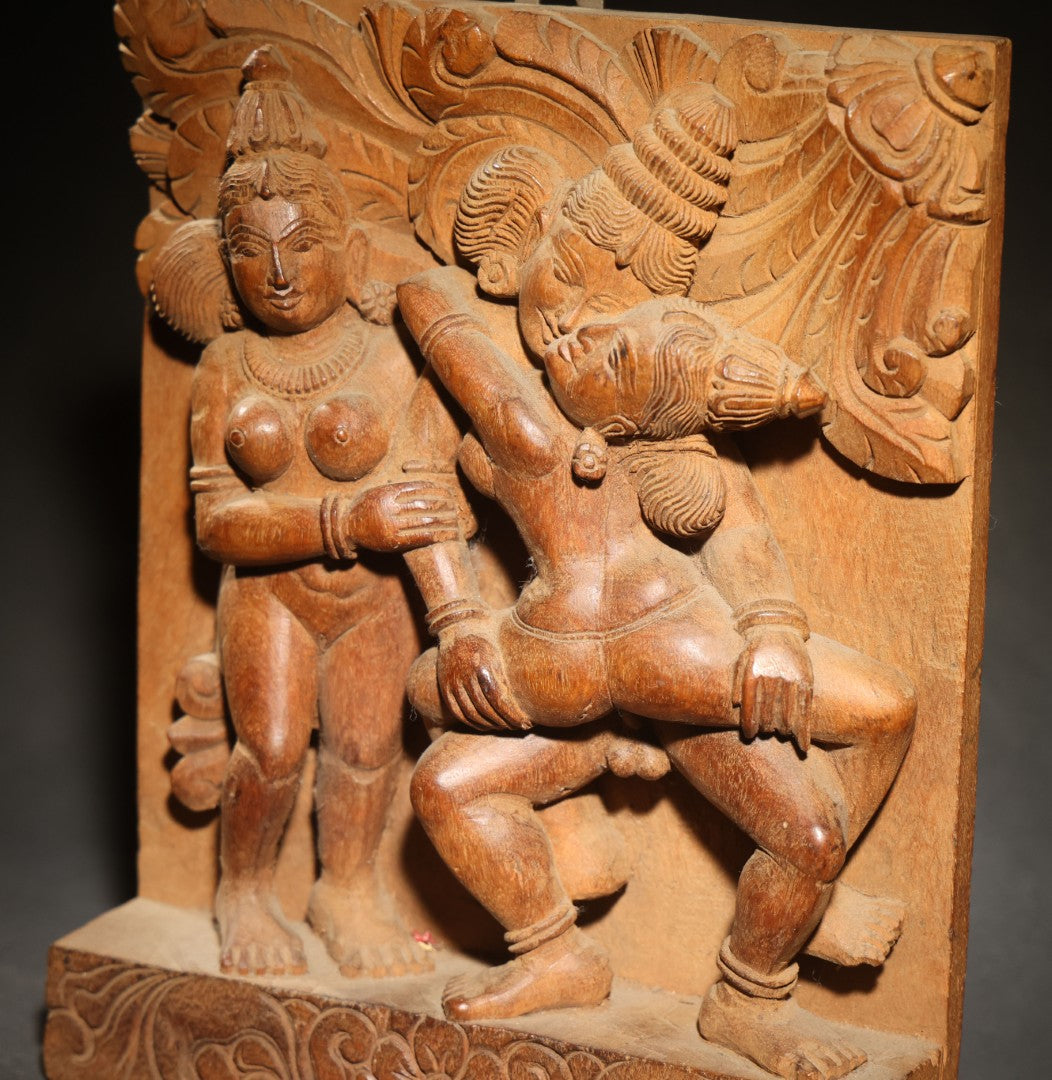 Vintage Indian Carved Wood Relief Panel Depicting Three Figures with Erotic Motif, Floral Border