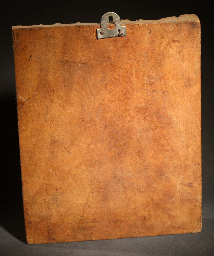 Vintage Indian Carved Wood Relief Panel Depicting Three Figures with Erotic Motif, Floral Border