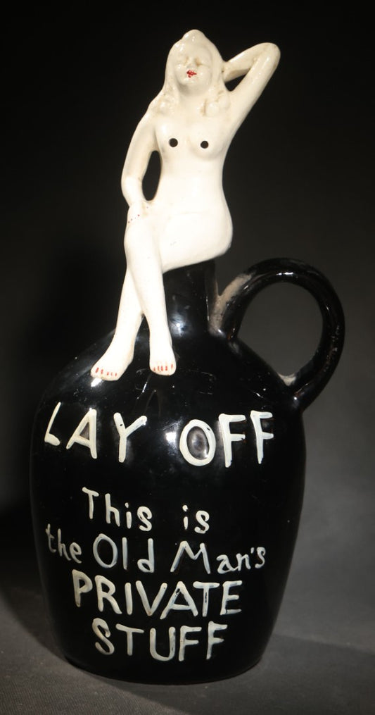 Vintage Ceramic Novelty Jug with Nude Female Figure, "Lay Off This is the Old Man's Private Stuff," G. Novelty Co., Japan