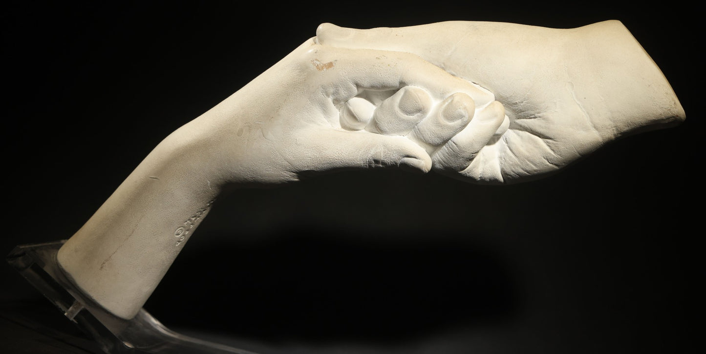 Vintage Plaster Sculpture of Two Clasped Hands After John Cutrone, Austin Productions, 1984, on Acrylic Base