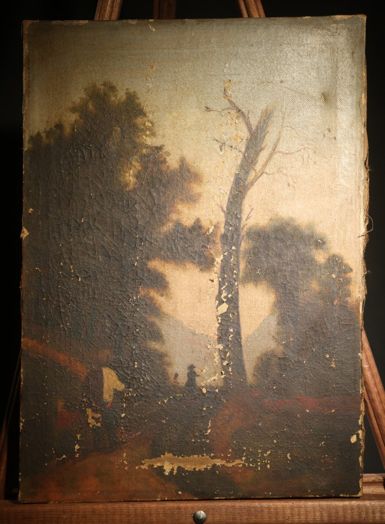 Antique Oil Painting on Canvas, Landscape with Dead Tree, Figures on a Path, and Distant Mountains, Unframed