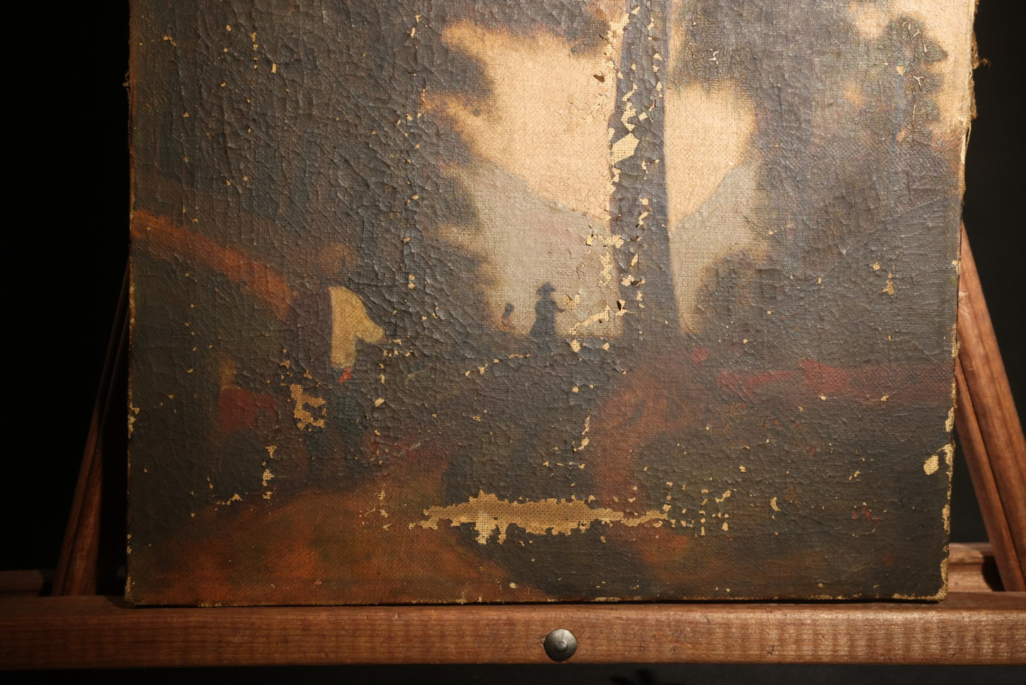 Antique Oil Painting on Canvas, Landscape with Dead Tree, Figures on a Path, and Distant Mountains, Unframed