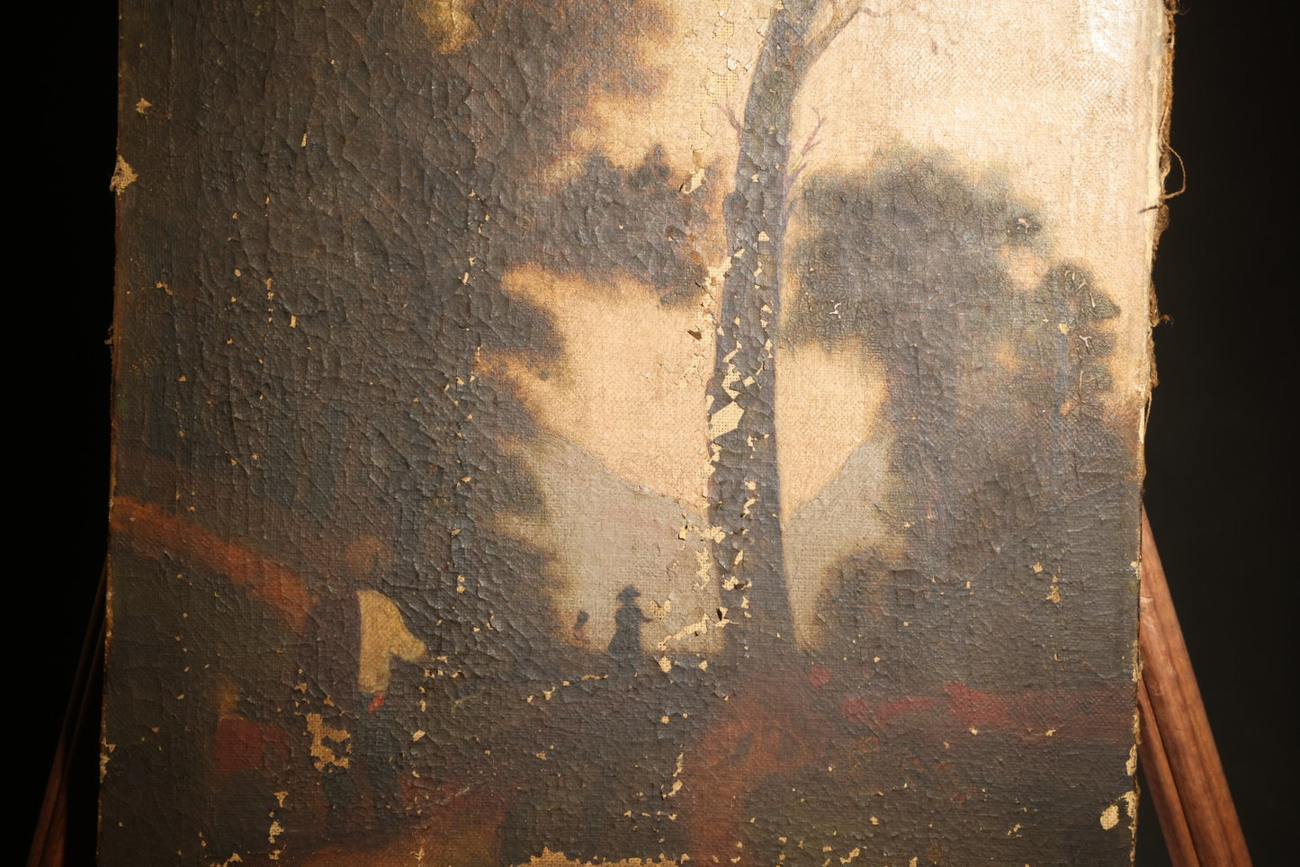 Antique Oil Painting on Canvas, Landscape with Dead Tree, Figures on a Path, and Distant Mountains, Unframed