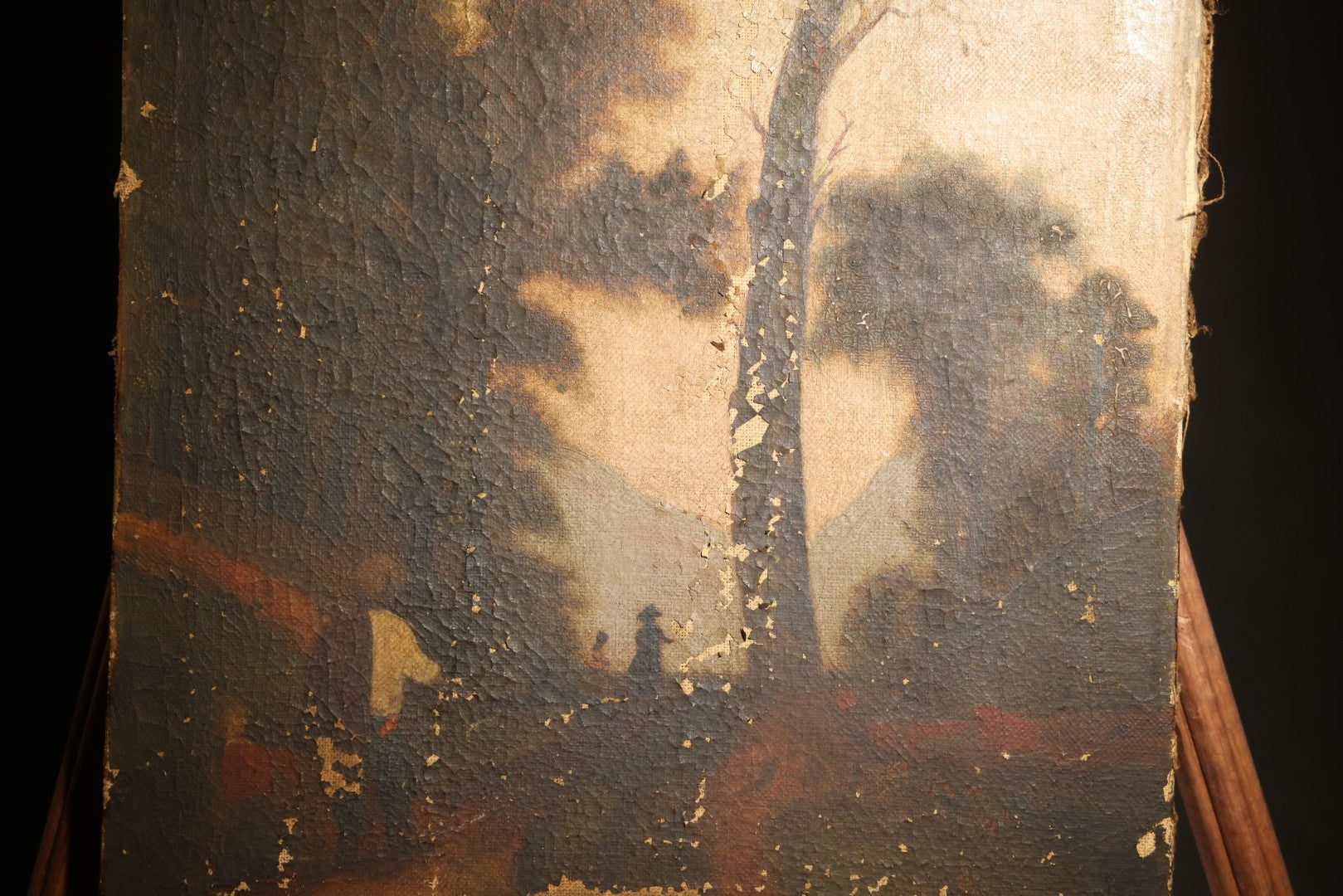 Antique Oil Painting on Canvas, Landscape with Dead Tree, Figures on a Path, and Distant Mountains, Unframed