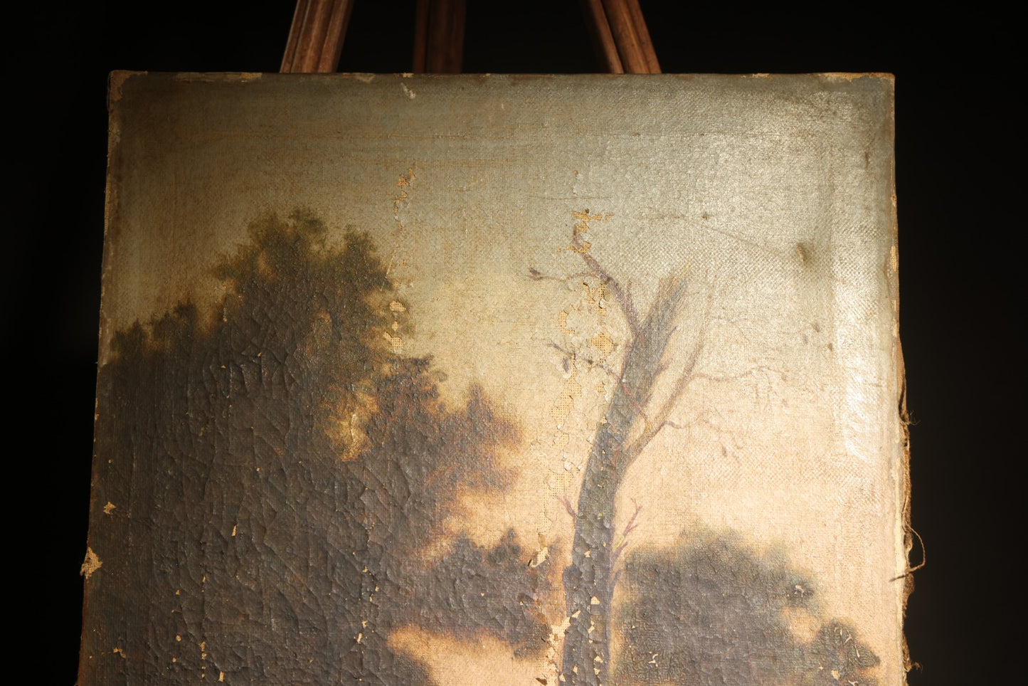 Antique Oil Painting on Canvas, Landscape with Dead Tree, Figures on a Path, and Distant Mountains, Unframed