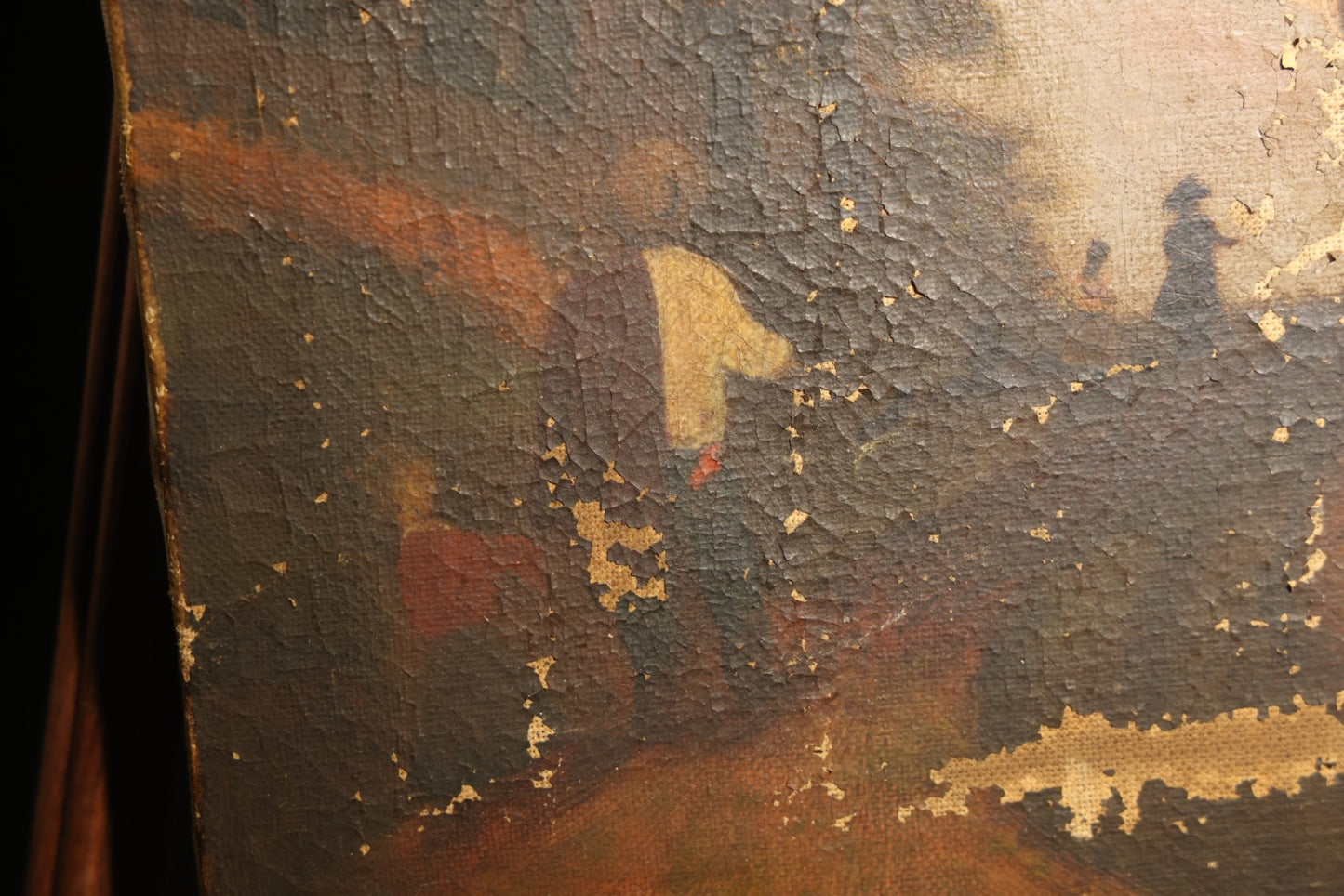 Antique Oil Painting on Canvas, Landscape with Dead Tree, Figures on a Path, and Distant Mountains, Unframed