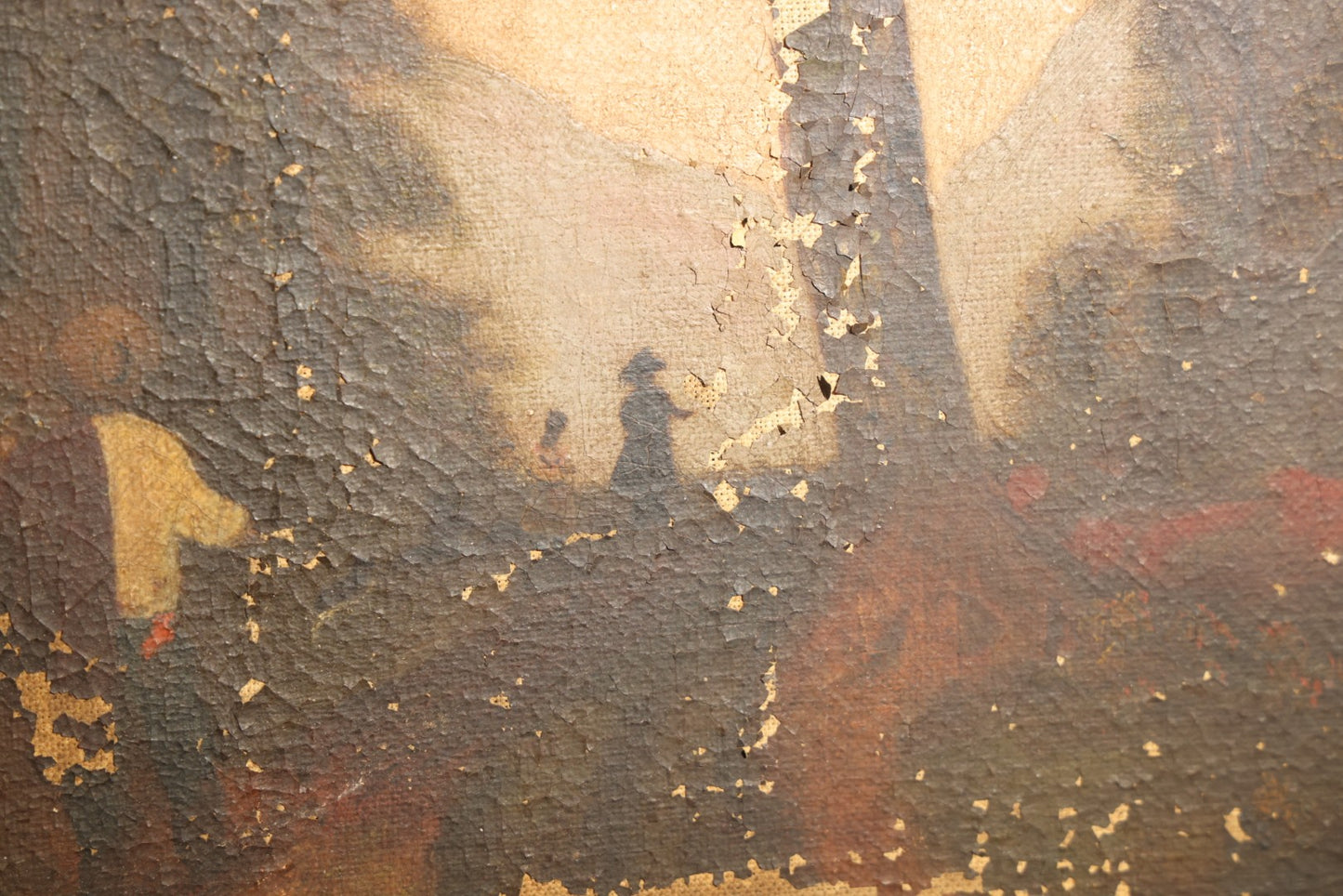 Antique Oil Painting on Canvas, Landscape with Dead Tree, Figures on a Path, and Distant Mountains, Unframed