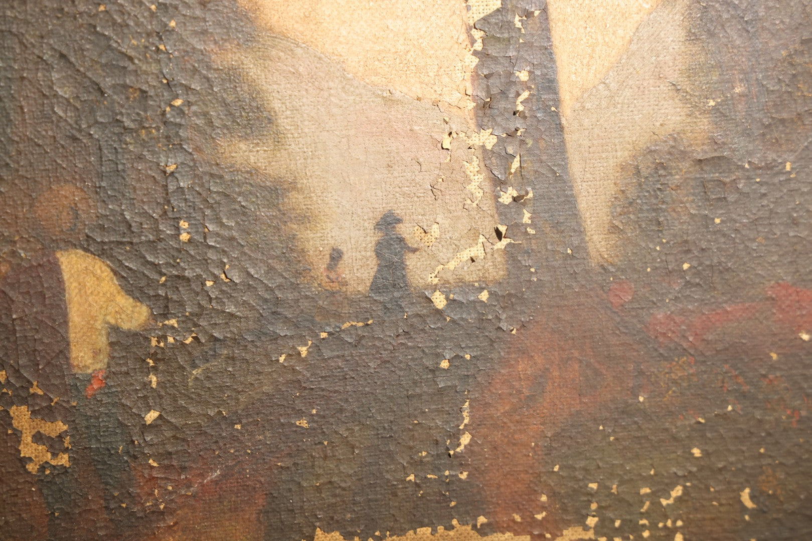 Antique Oil Painting on Canvas, Landscape with Dead Tree, Figures on a Path, and Distant Mountains, Unframed