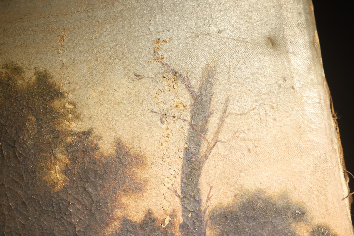 Antique Oil Painting on Canvas, Landscape with Dead Tree, Figures on a Path, and Distant Mountains, Unframed