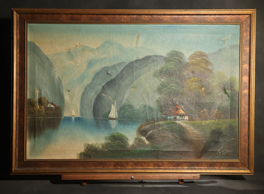 Antique Oil Painting on Canvas, Alpine Lake Landscape with Sailboats, Cottages, and Path, Signed J. Gordon, Framed