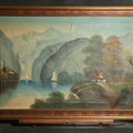 Lot 035 - Antique Oil Painting on Canvas, Alpine Lake Landscape with Sailboats, Cottages, and Path, Signed J. Gordon, Framed, 31-5/8" W x 21-5/8" H