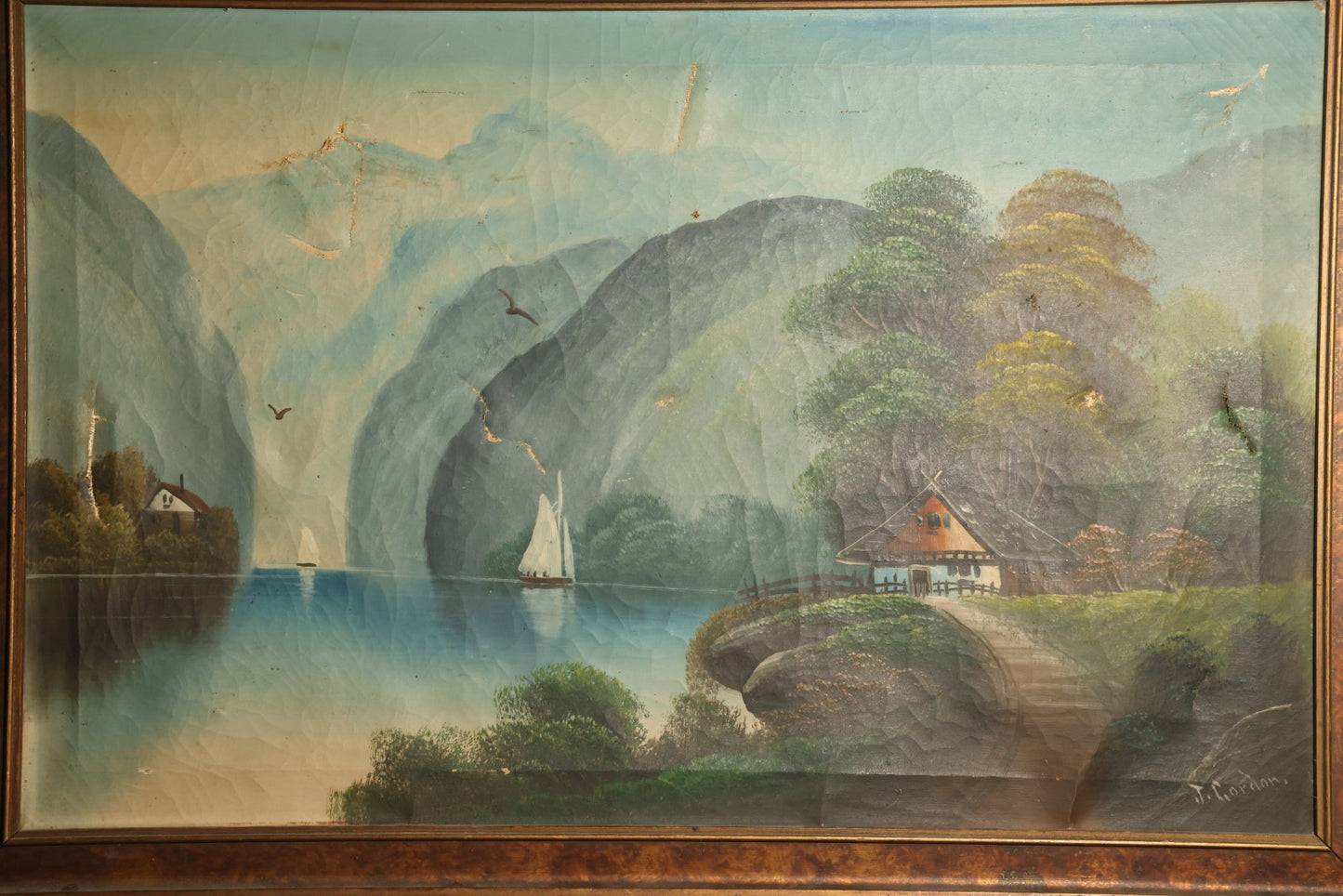 Antique Oil Painting on Canvas, Alpine Lake Landscape with Sailboats, Cottages, and Path, Signed J. Gordon, Framed