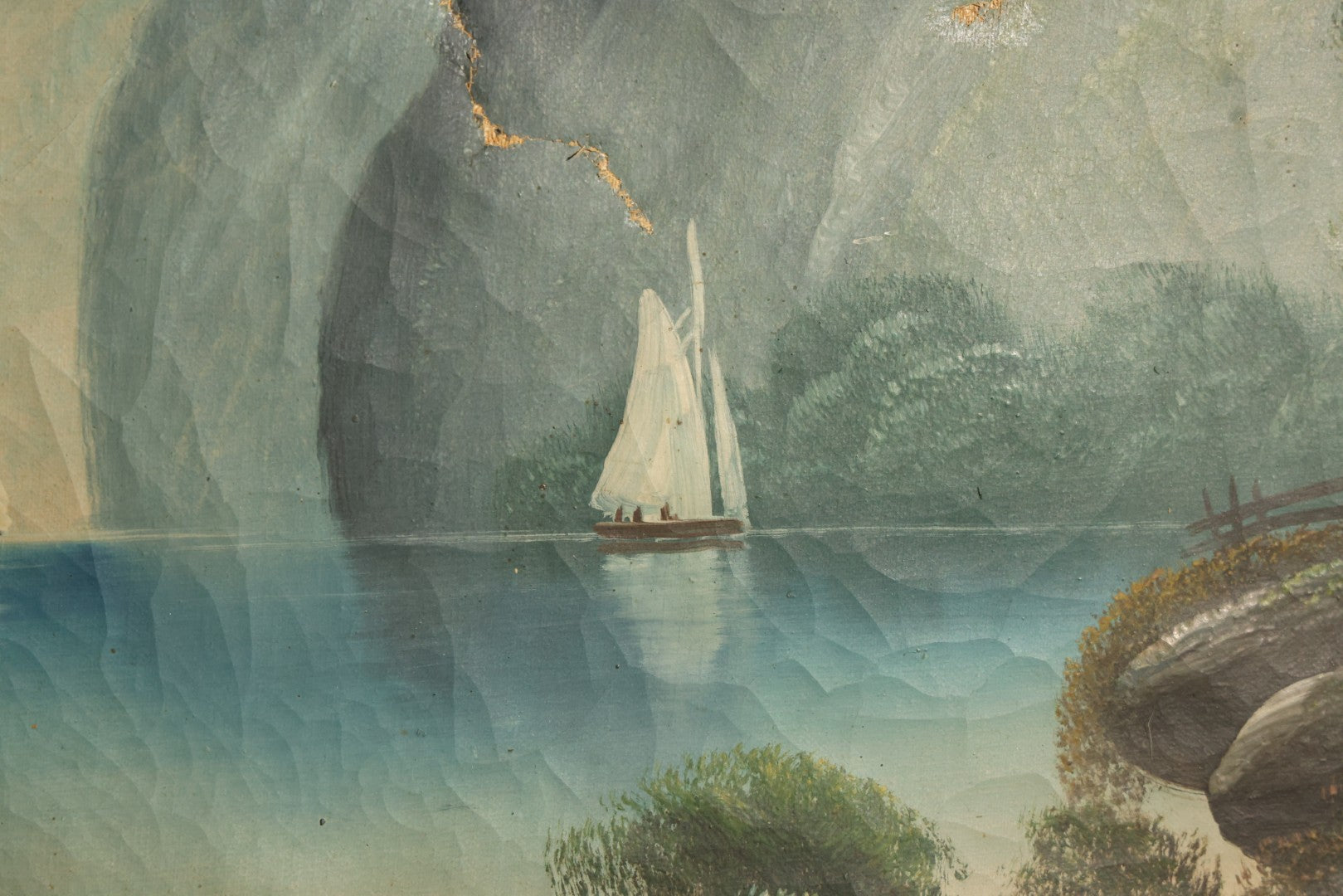 Antique Oil Painting on Canvas, Alpine Lake Landscape with Sailboats, Cottages, and Path, Signed J. Gordon, Framed