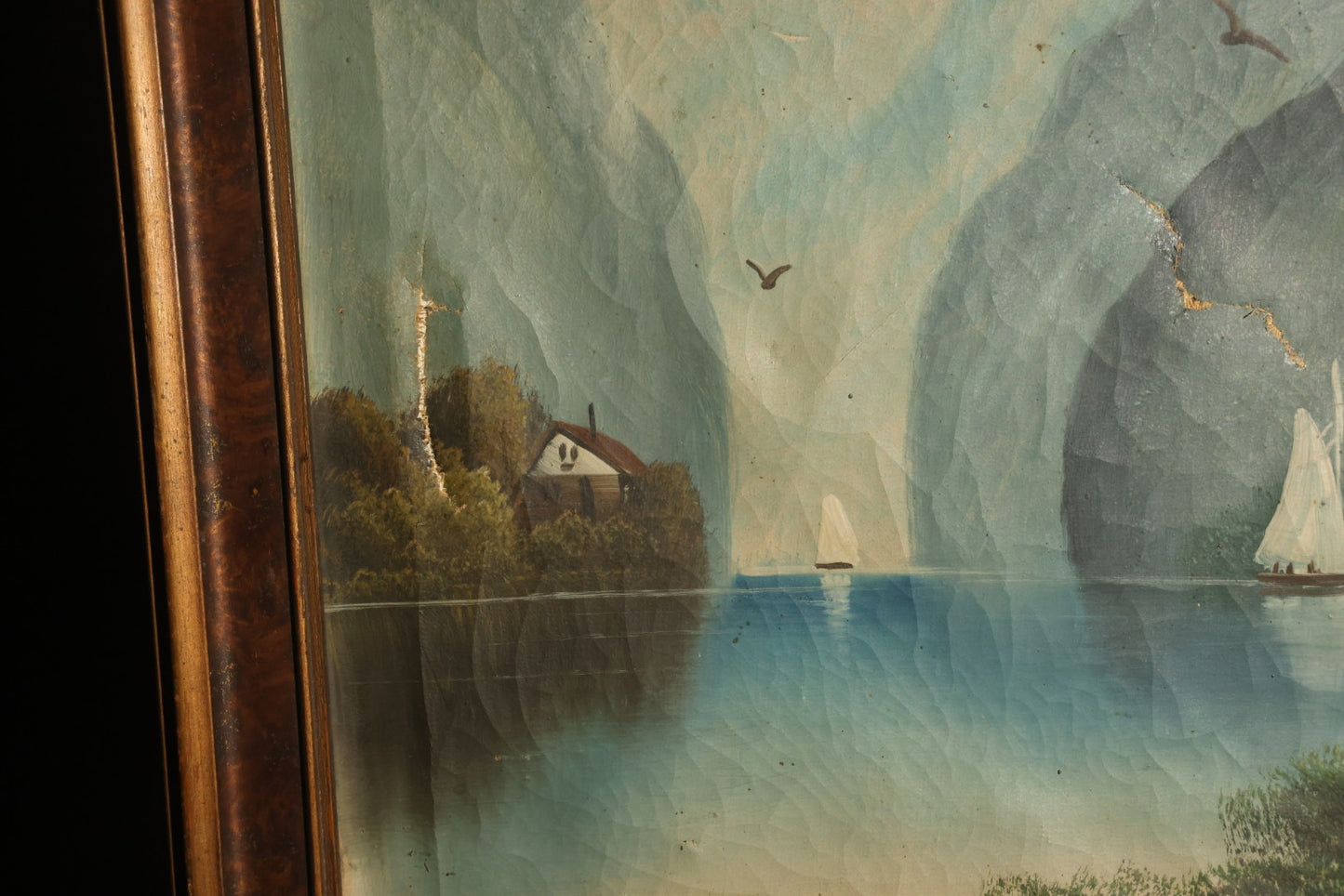 Antique Oil Painting on Canvas, Alpine Lake Landscape with Sailboats, Cottages, and Path, Signed J. Gordon, Framed