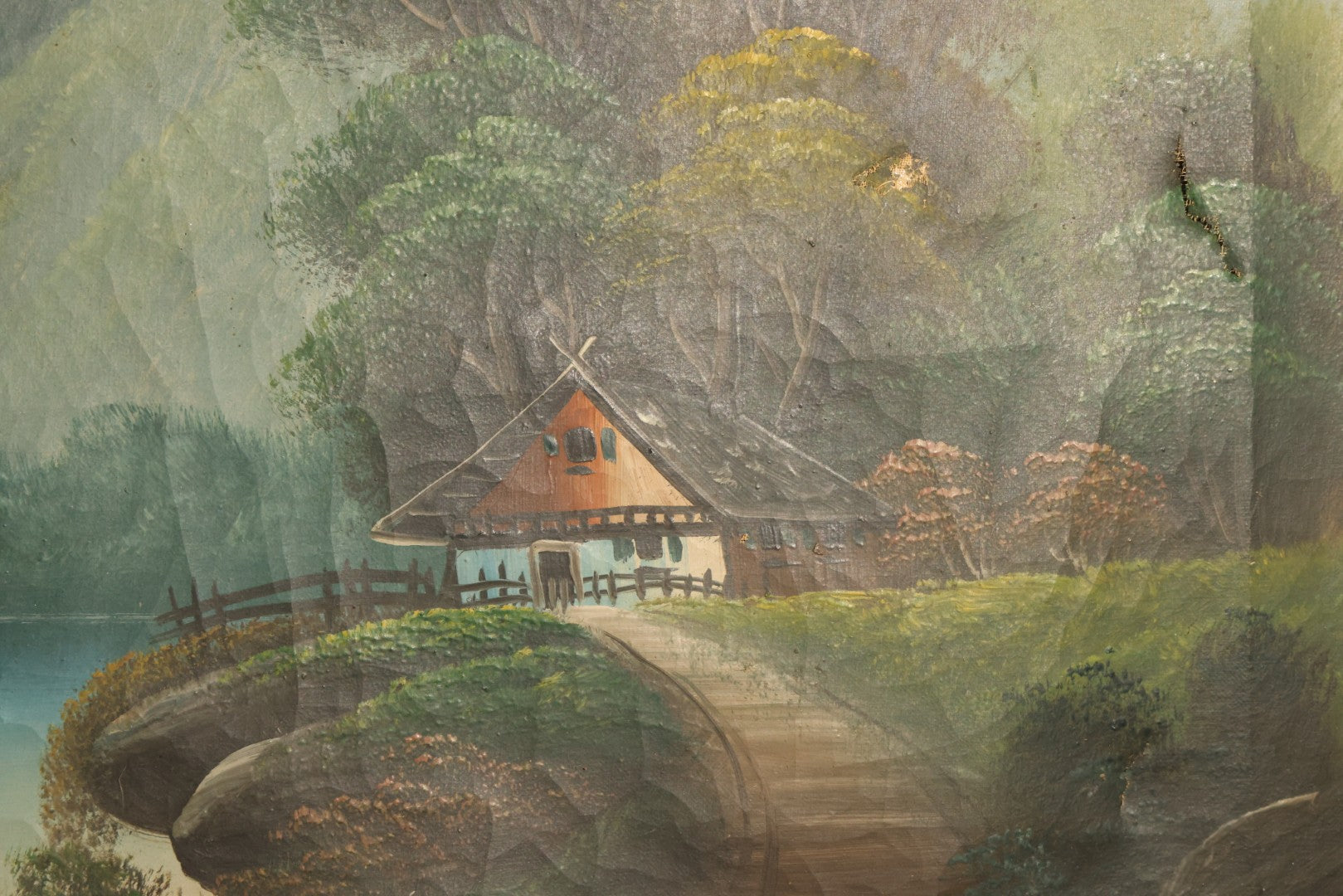 Antique Oil Painting on Canvas, Alpine Lake Landscape with Sailboats, Cottages, and Path, Signed J. Gordon, Framed