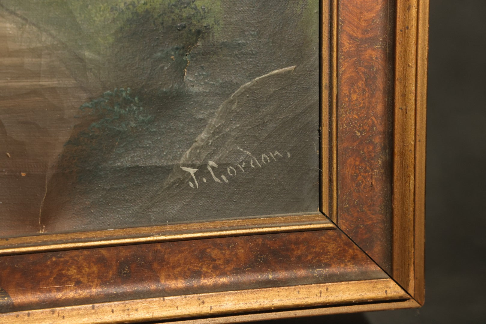 Antique Oil Painting on Canvas, Alpine Lake Landscape with Sailboats, Cottages, and Path, Signed J. Gordon, Framed