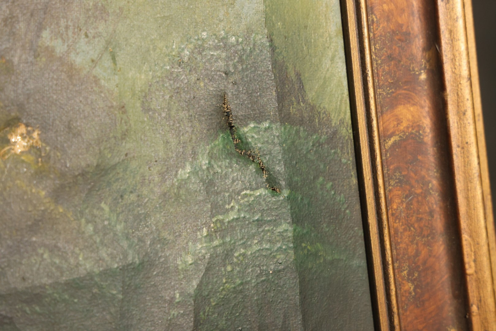 Antique Oil Painting on Canvas, Alpine Lake Landscape with Sailboats, Cottages, and Path, Signed J. Gordon, Framed