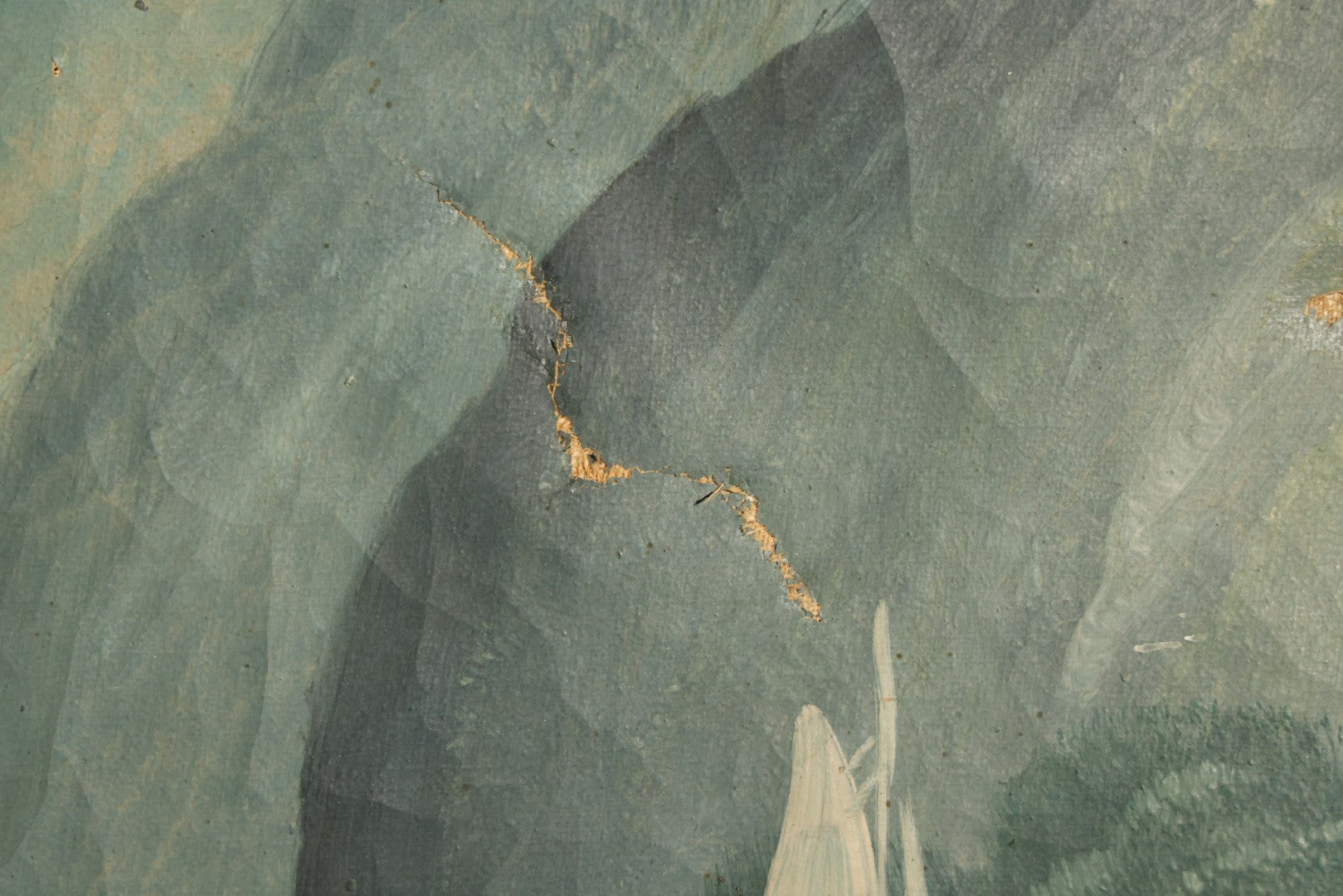 Antique Oil Painting on Canvas, Alpine Lake Landscape with Sailboats, Cottages, and Path, Signed J. Gordon, Framed