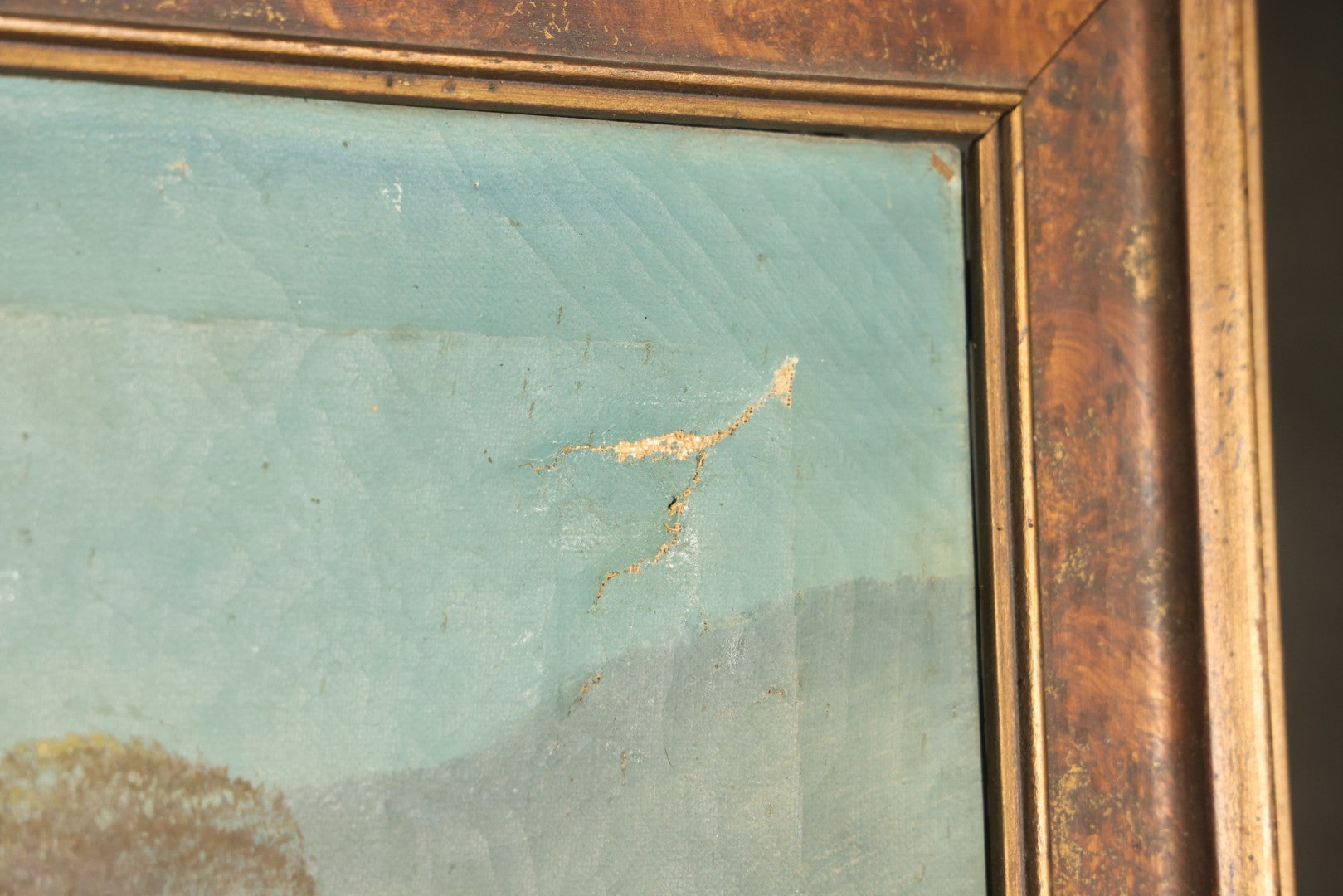 Antique Oil Painting on Canvas, Alpine Lake Landscape with Sailboats, Cottages, and Path, Signed J. Gordon, Framed