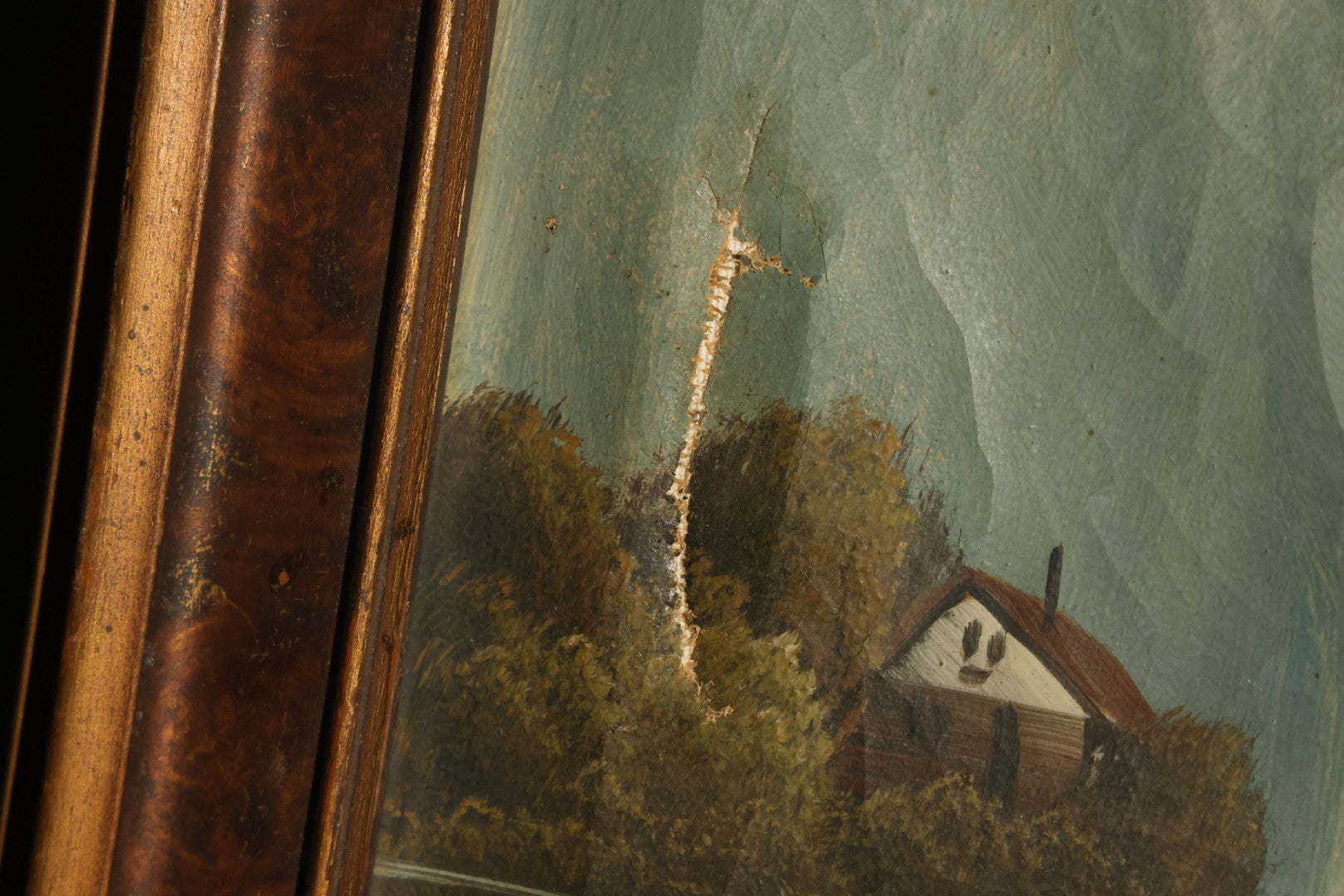 Antique Oil Painting on Canvas, Alpine Lake Landscape with Sailboats, Cottages, and Path, Signed J. Gordon, Framed