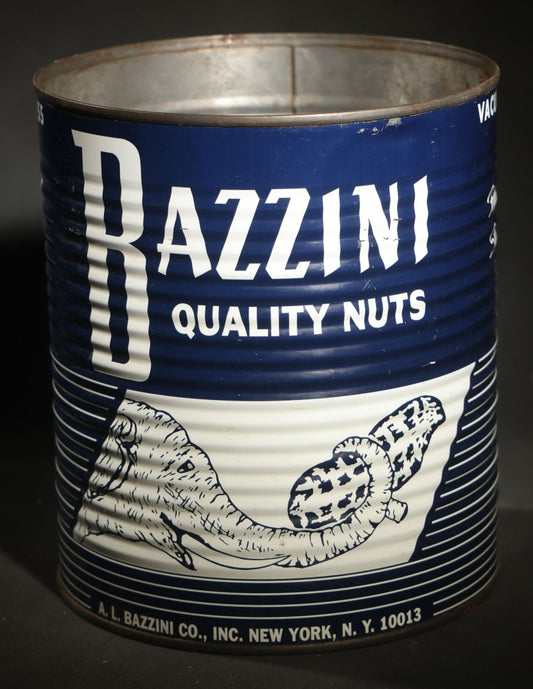 Vintage Bazzini Quality Nuts Vacuum Process Tin with Elephant and Peanut Graphic, A.L. Bazzini Co., Inc., New York, New York, "Finest Quality Since 1886," no Lid