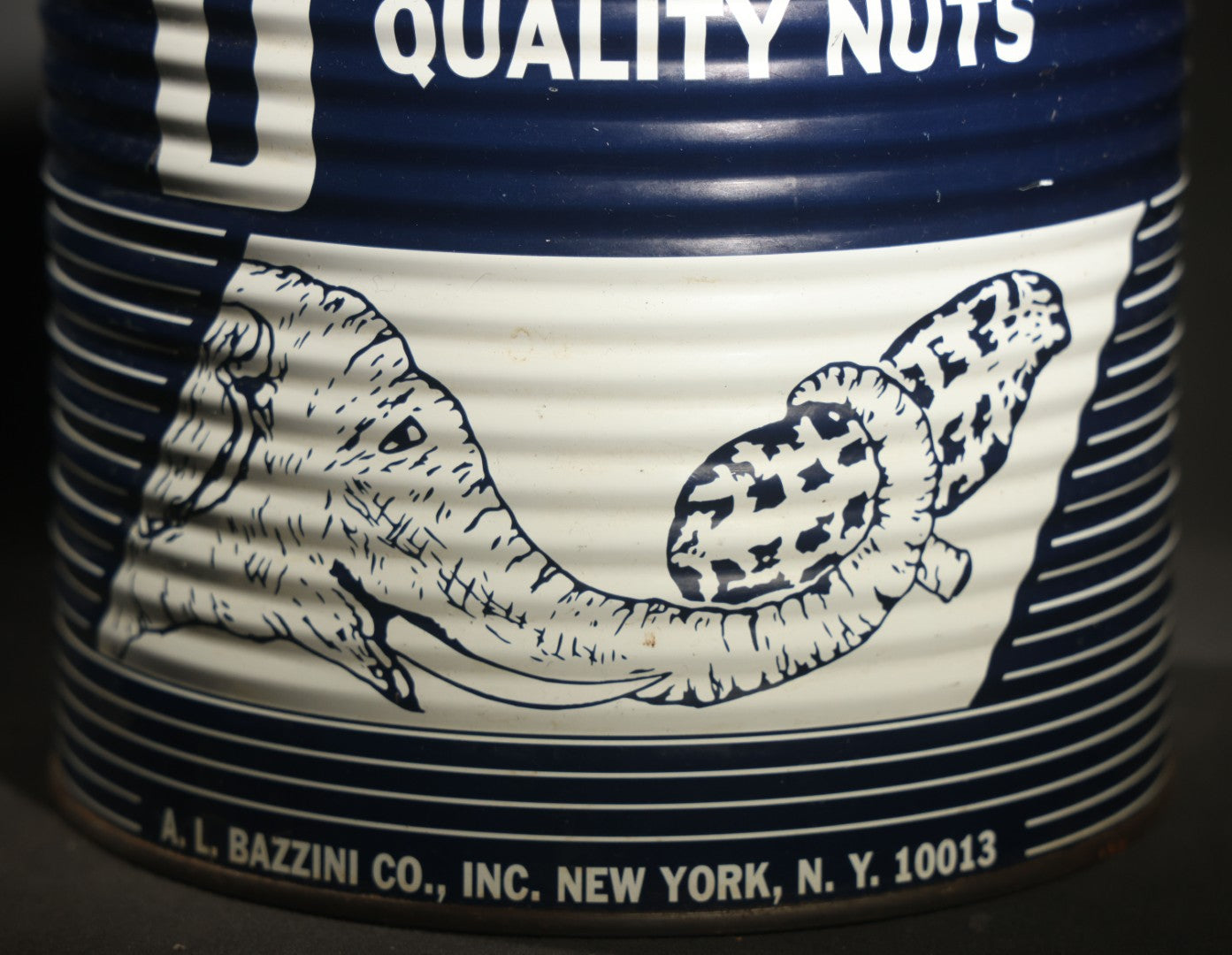 Vintage Bazzini Quality Nuts Vacuum Process Tin with Elephant and Peanut Graphic, A.L. Bazzini Co., Inc., New York, New York, "Finest Quality Since 1886," no Lid