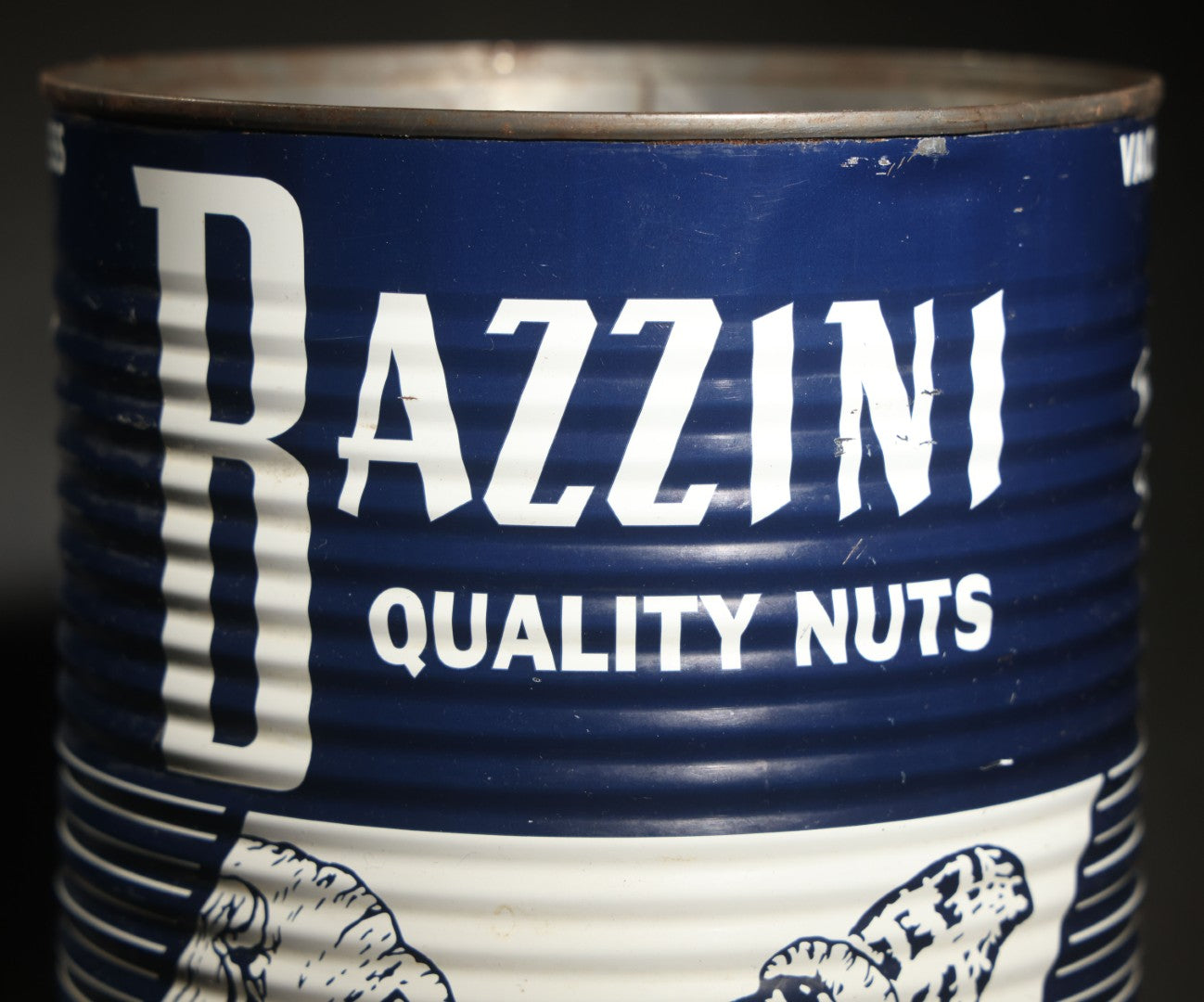 Vintage Bazzini Quality Nuts Vacuum Process Tin with Elephant and Peanut Graphic, A.L. Bazzini Co., Inc., New York, New York, "Finest Quality Since 1886," no Lid