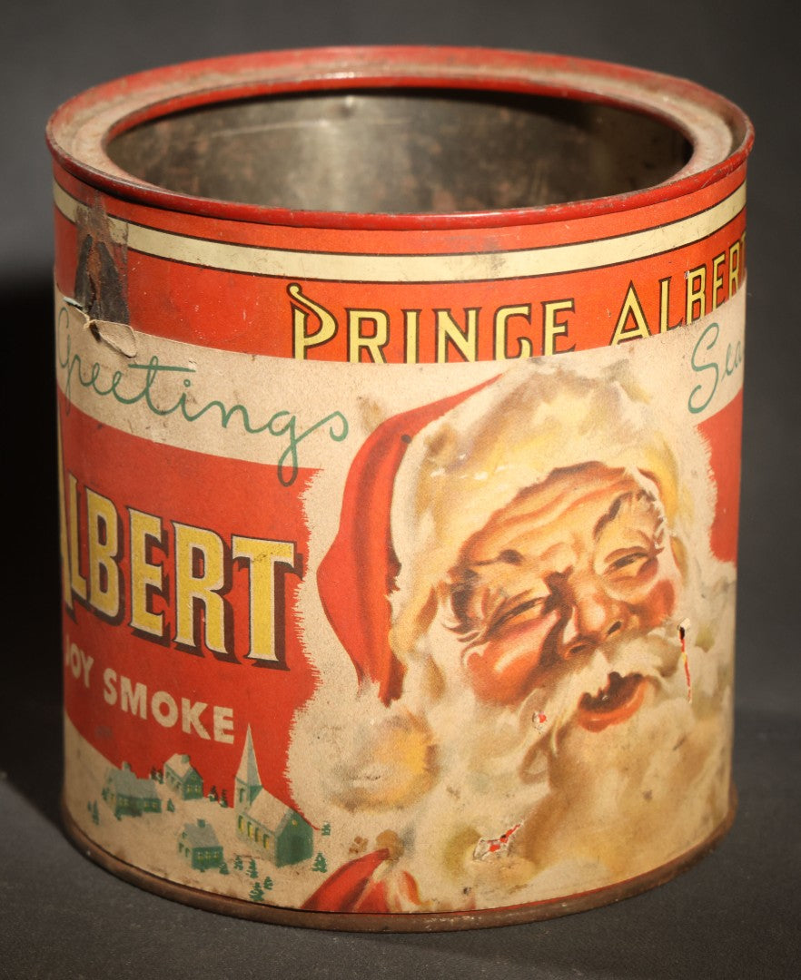 Vintage Prince Albert "the National Joy Smoke" Christmas Tobacco Tin with Santa Claus, Snowy Village, Holly, and "Season's Greetings" Gift Tag, Paper Label Over Tin, no Lid