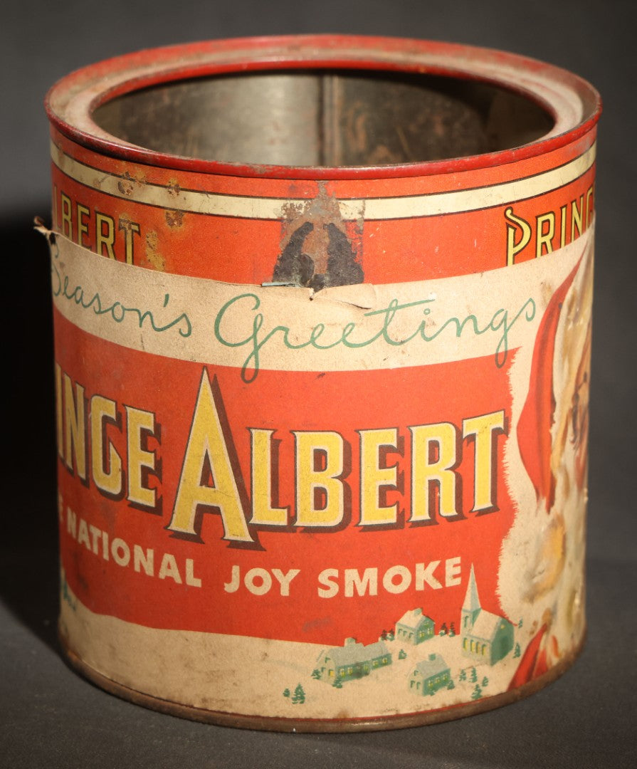 Vintage Prince Albert "the National Joy Smoke" Christmas Tobacco Tin with Santa Claus, Snowy Village, Holly, and "Season's Greetings" Gift Tag, Paper Label Over Tin, no Lid